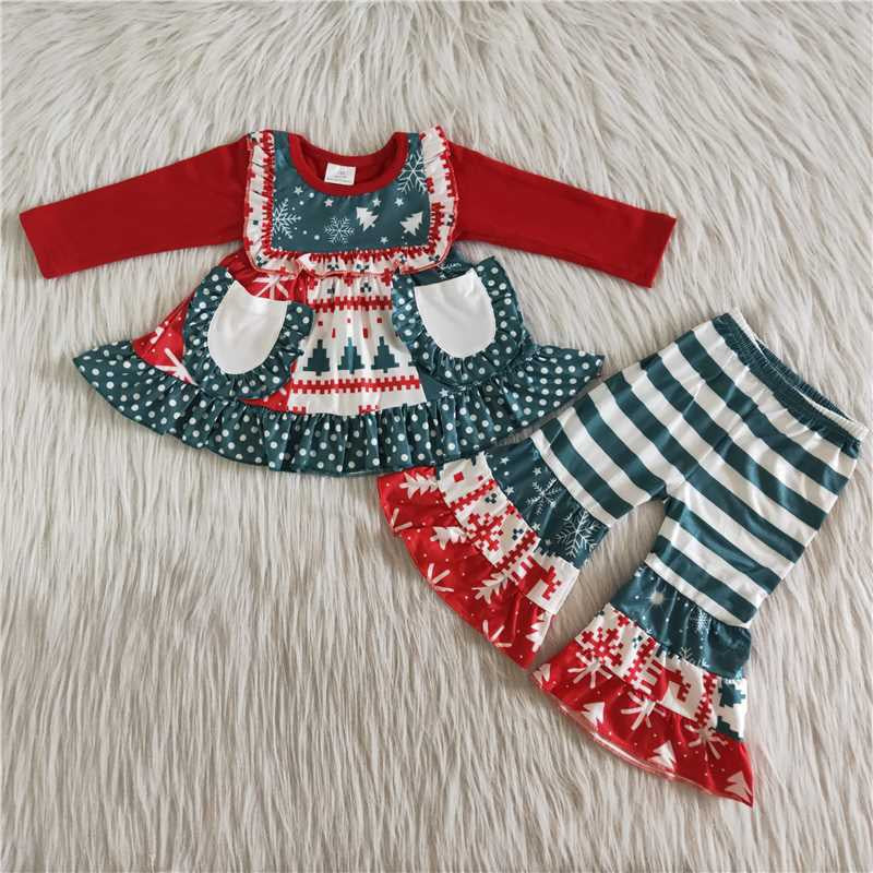 Girls Christmas Tree Outfits Pocket Long Sleeves Ruffled Stripe Pants