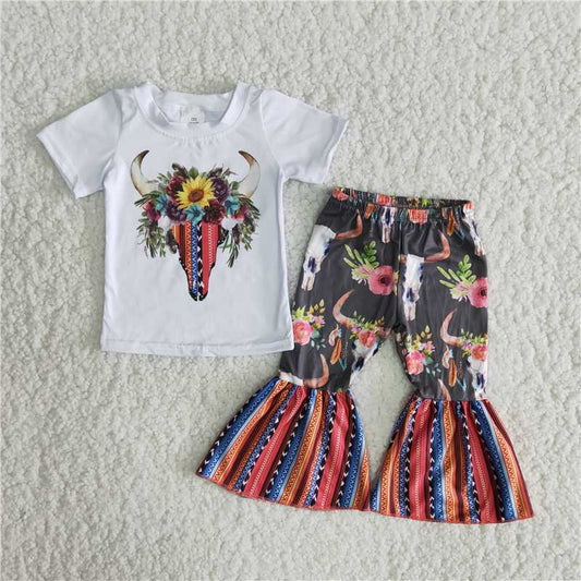 Girls Cow Floral Outfits Short Sleeves Bell Bottom Pants