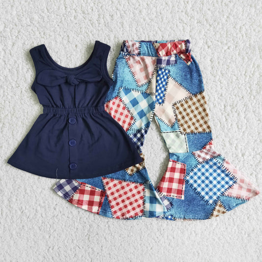 Girls Navy Bows Outfits Sleeveless Patch Pants