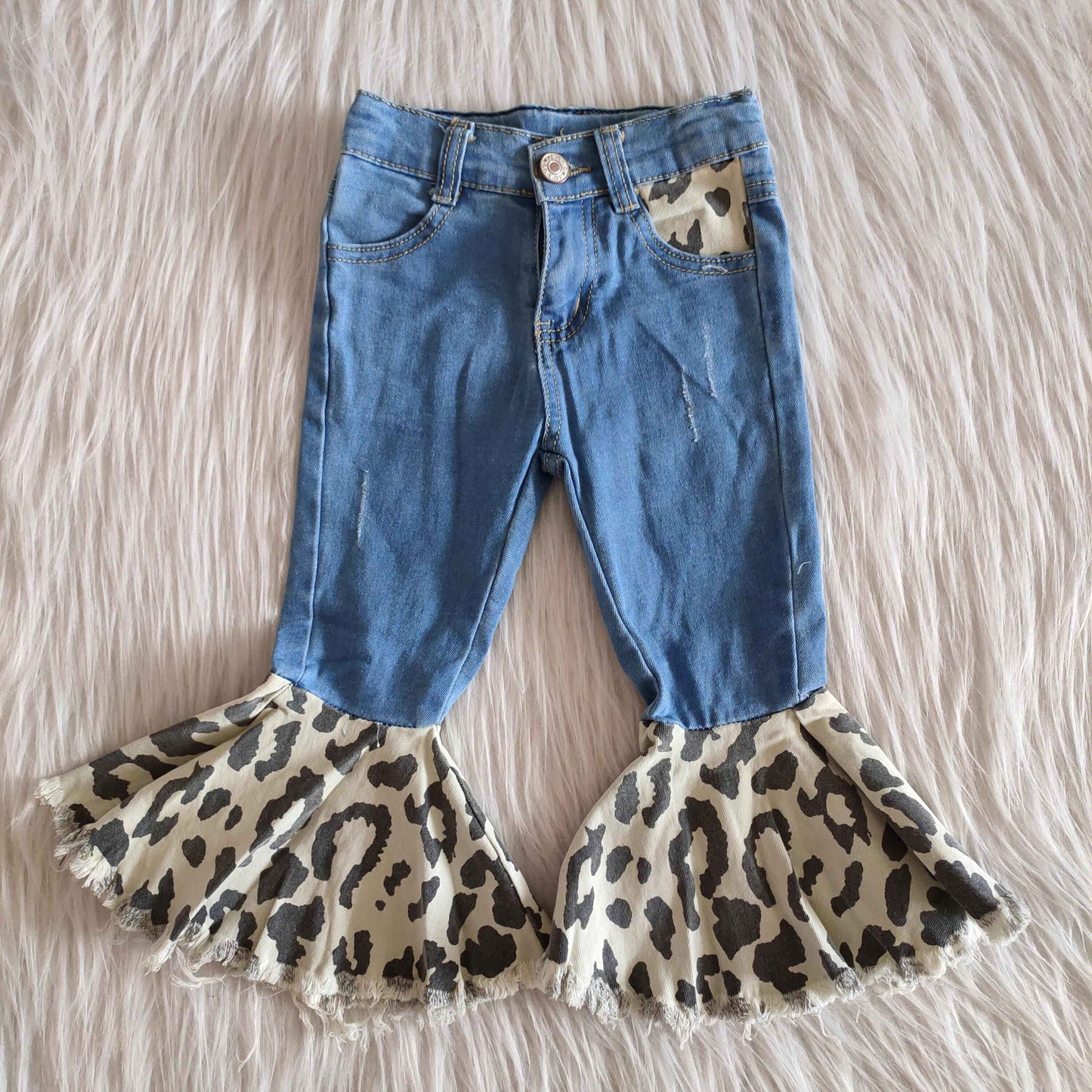 Girls Sky Blue Jeans Bell Bottom Leopard Pants