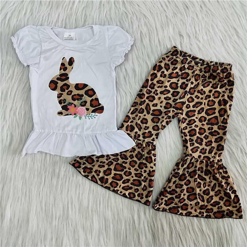 Girls Easter Rabbit Outfits Short Sleeves Leopard Pants