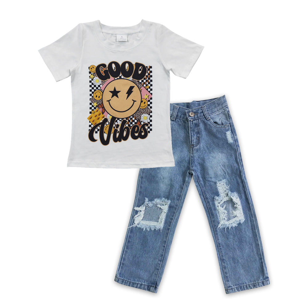 Boys Good Vibes Outfits Short Sleeves Blue Jeans