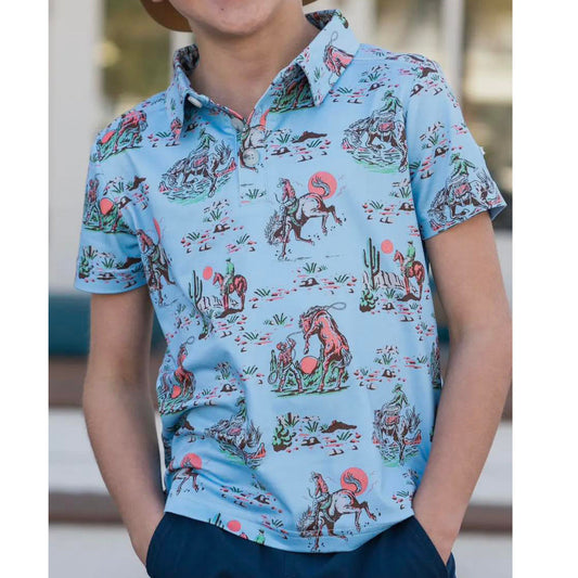 BT0661 Blue short sleeves cactus horse rodeo boys polo shirt