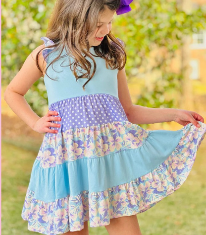 GSD1164 Flutter sleeves light blue polka dots floral patchwork girls dress