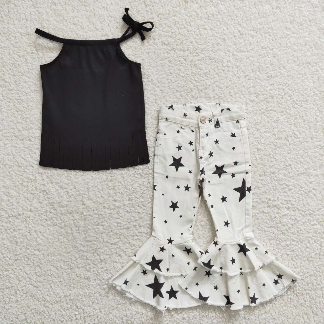 Girls Black Outfits Short Sleeves Stars Jeans