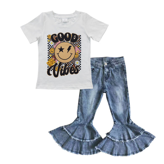 Girls Good Vibes Outfits Short Sleeves Blue Jeans