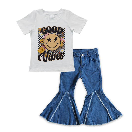 Girls Good Vibes Outfits Short Sleeves Blue Jeans