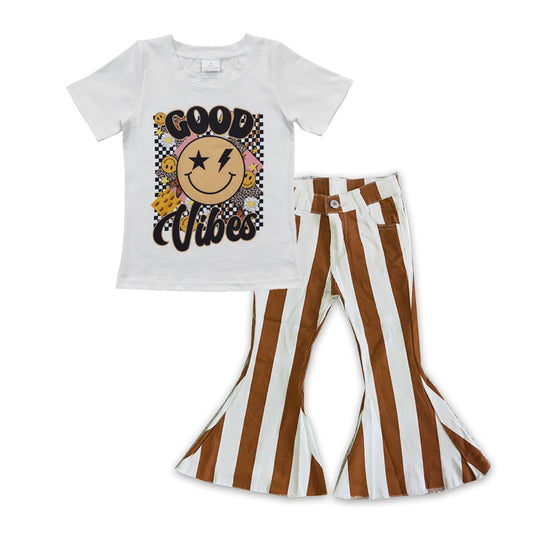 Girls Good Vibes Outfits Short Sleeves Stripe Jeans