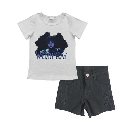 Girls Wednesday Outfits Short Sleeves Black Denim Shorts