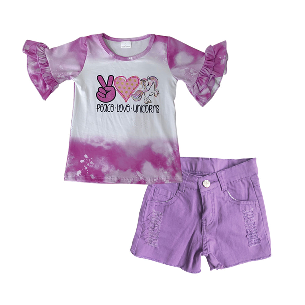 Girls Peace Love Unicorn Outfits Short Sleeves Purple Denim Shorts