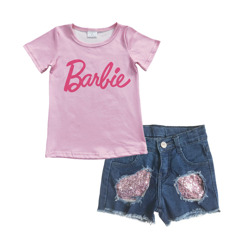 Girls Barbie Outfits Short Sleeves Denim Shorts