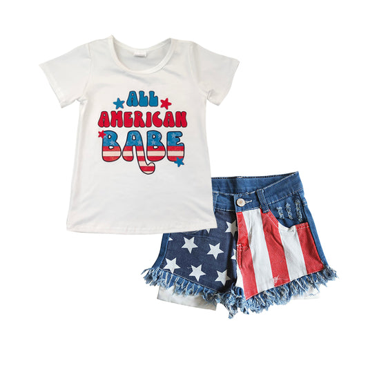 Girls American Babe Outfits Short Sleeves Denim Shorts