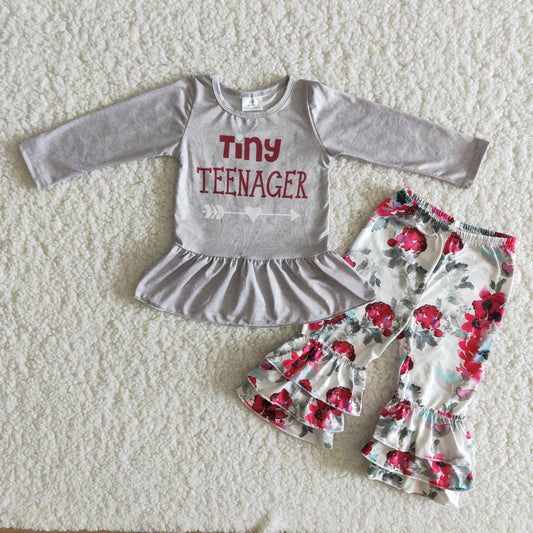 Girls Tiny Teenager Outfits Long Sleeves Floral Pants Gray