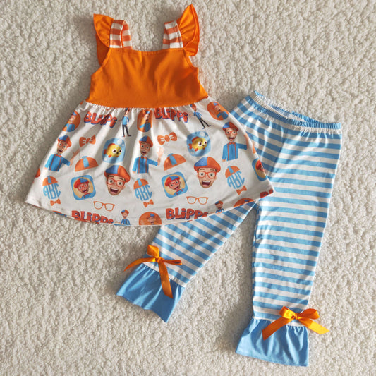 Girls Orange Outfits Short Sleeves Blue Stripe Pants