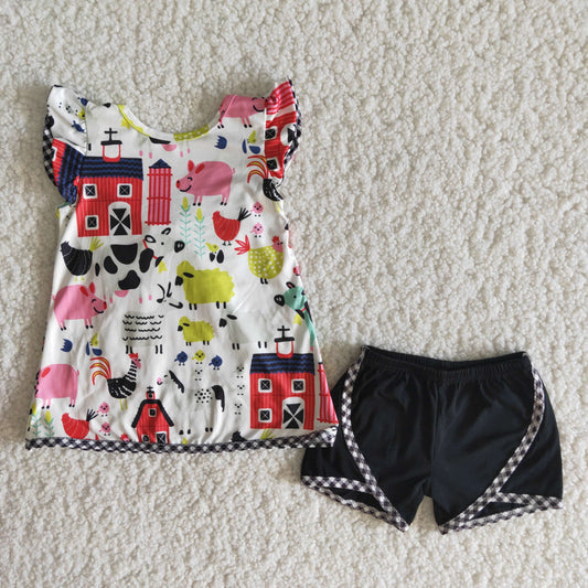 Girls Farm Outfits Short Sleeves Black Shorts