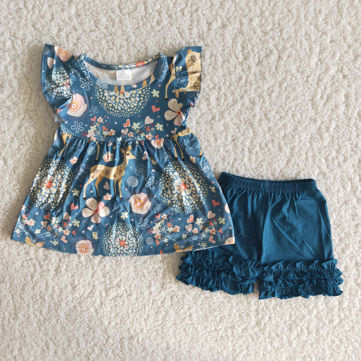 Girls Deer Floral Outfits Short Sleeves Blue Shorts