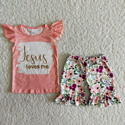 Girls Jesus Love Me Guitar Outfits Short Sleeves Floral Shorts