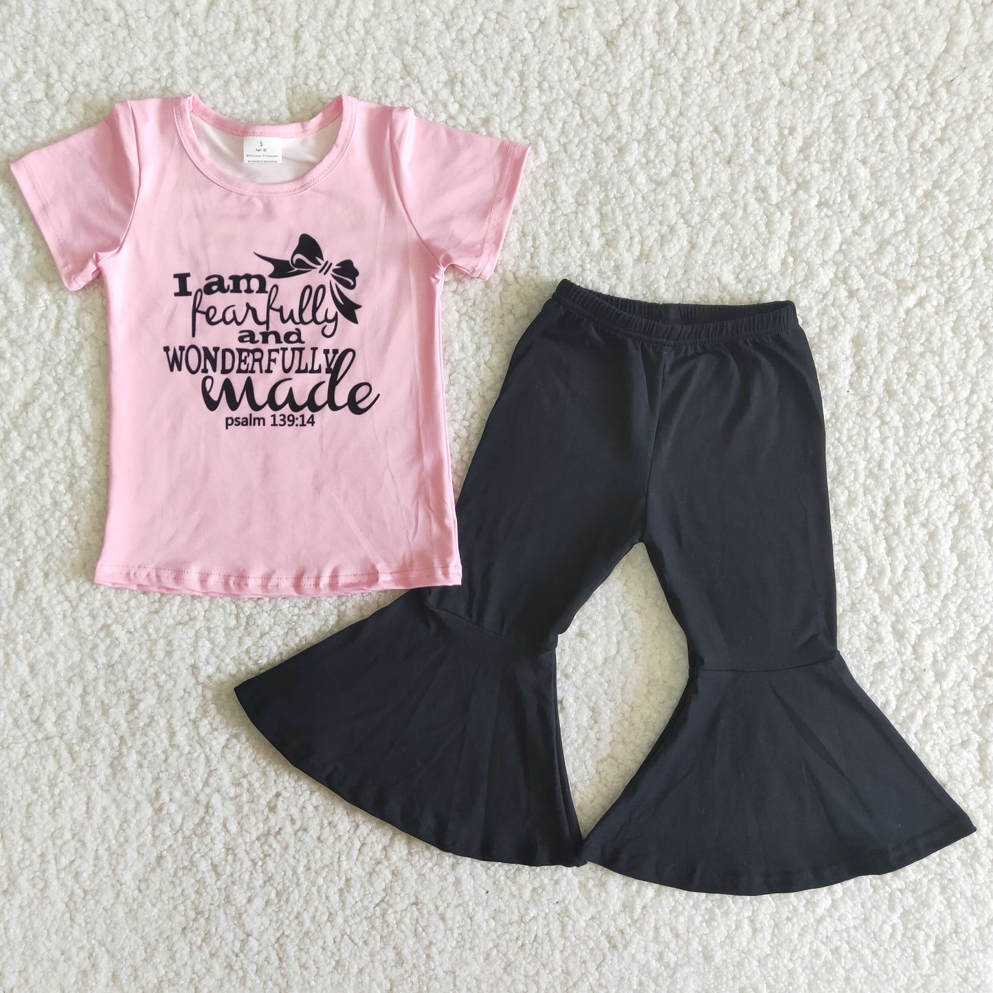 Girls Pink Outfits Short Sleeves Bell Bottom Black Pants