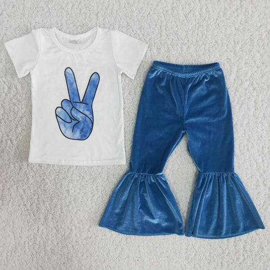 Girls White Outfits Short Sleeves Blue Velvet Pants