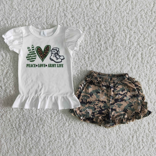 Girls Peace Love Army Life Outfits Short Sleeves Camo Shorts