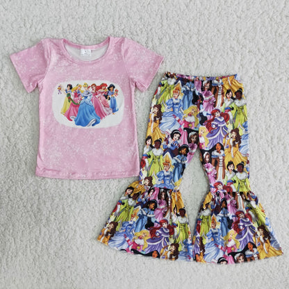 Girls Princess Pink Outfits Short Sleeves Bell Bottom Pants