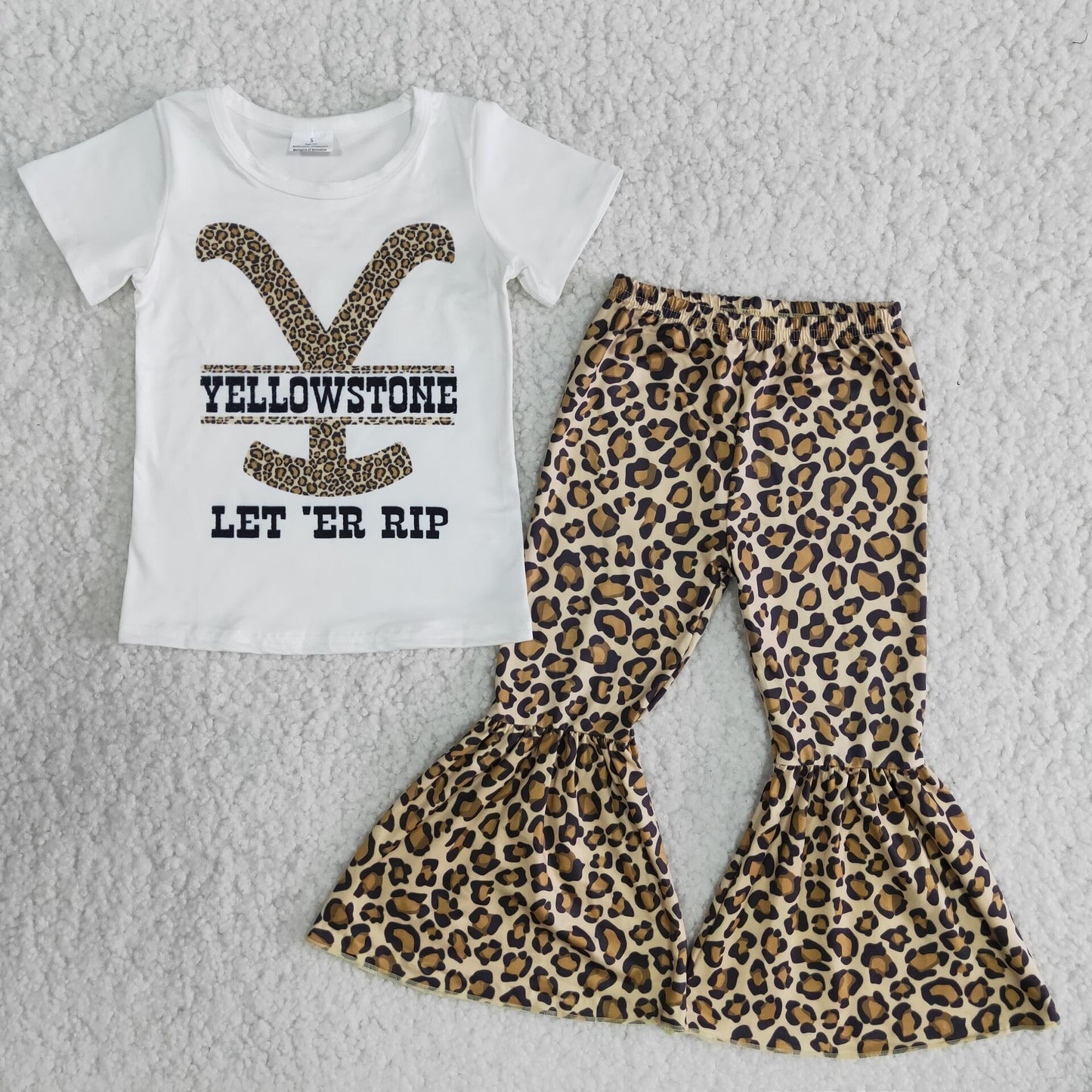 Girls RIP Outfits Short Sleeves Bell Bottom Leopard Pants