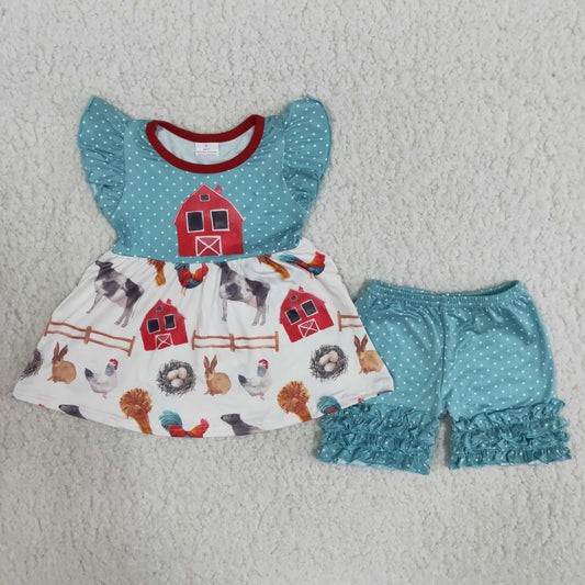 Girls Farm Outfits Short Sleeves Blue Polka Dot Shorts