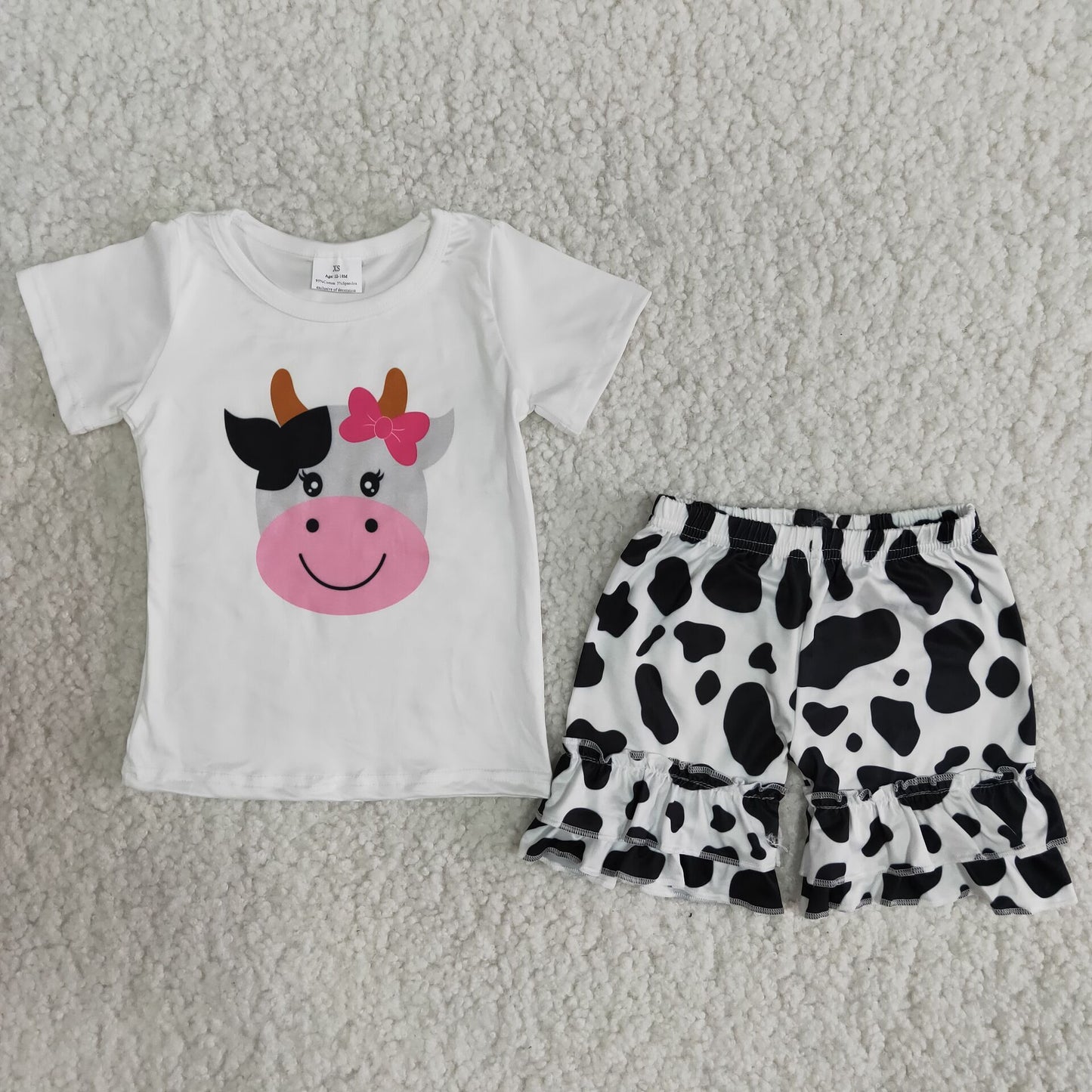 Girls Cow Outfits Short Sleeves Black Shorts