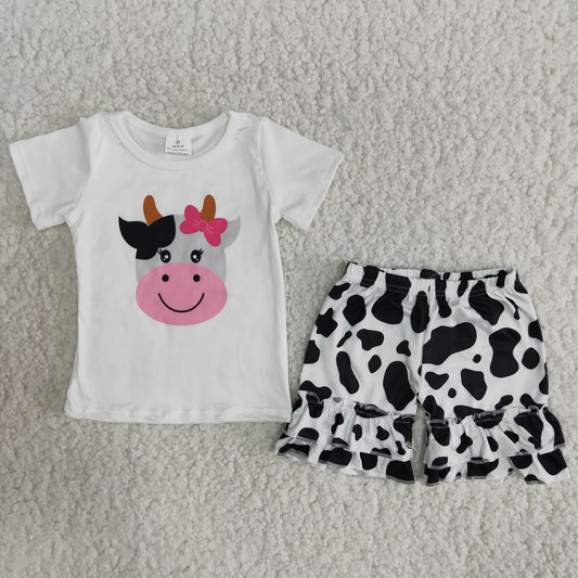 Girls Cow Outfits Short Sleeves Black Shorts