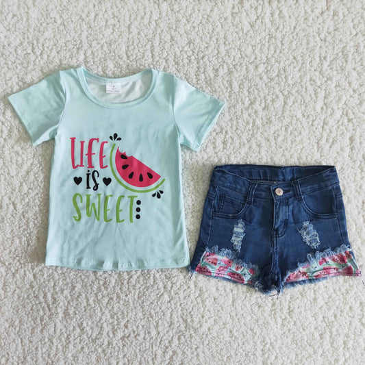 Girls Life is Sweet Watermelon Outfits Short Sleeves Denim Shorts