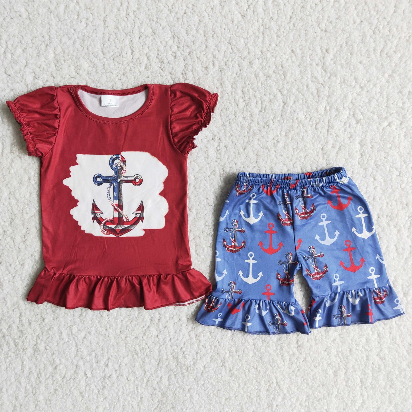 Girls Anchor Outfits Short Sleeves Red Shorts