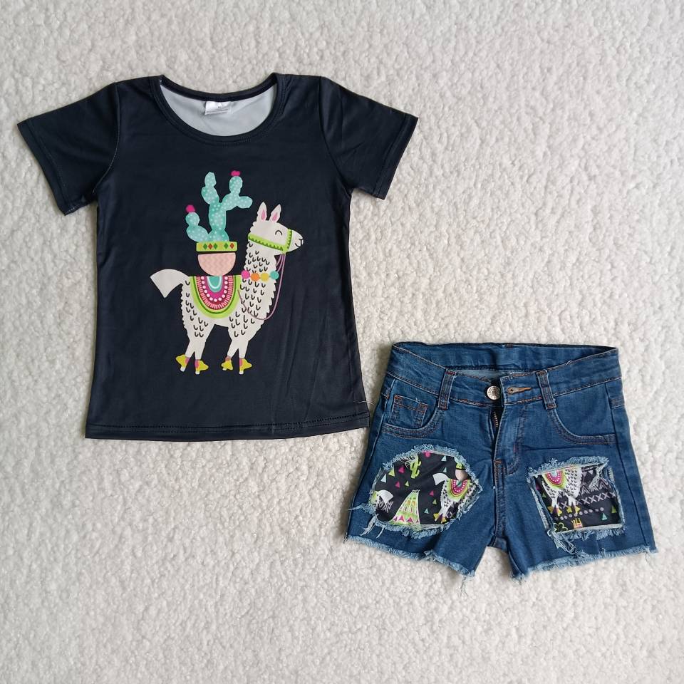 Girls Goat Cactus Outfits Short Sleeves Denim Shorts