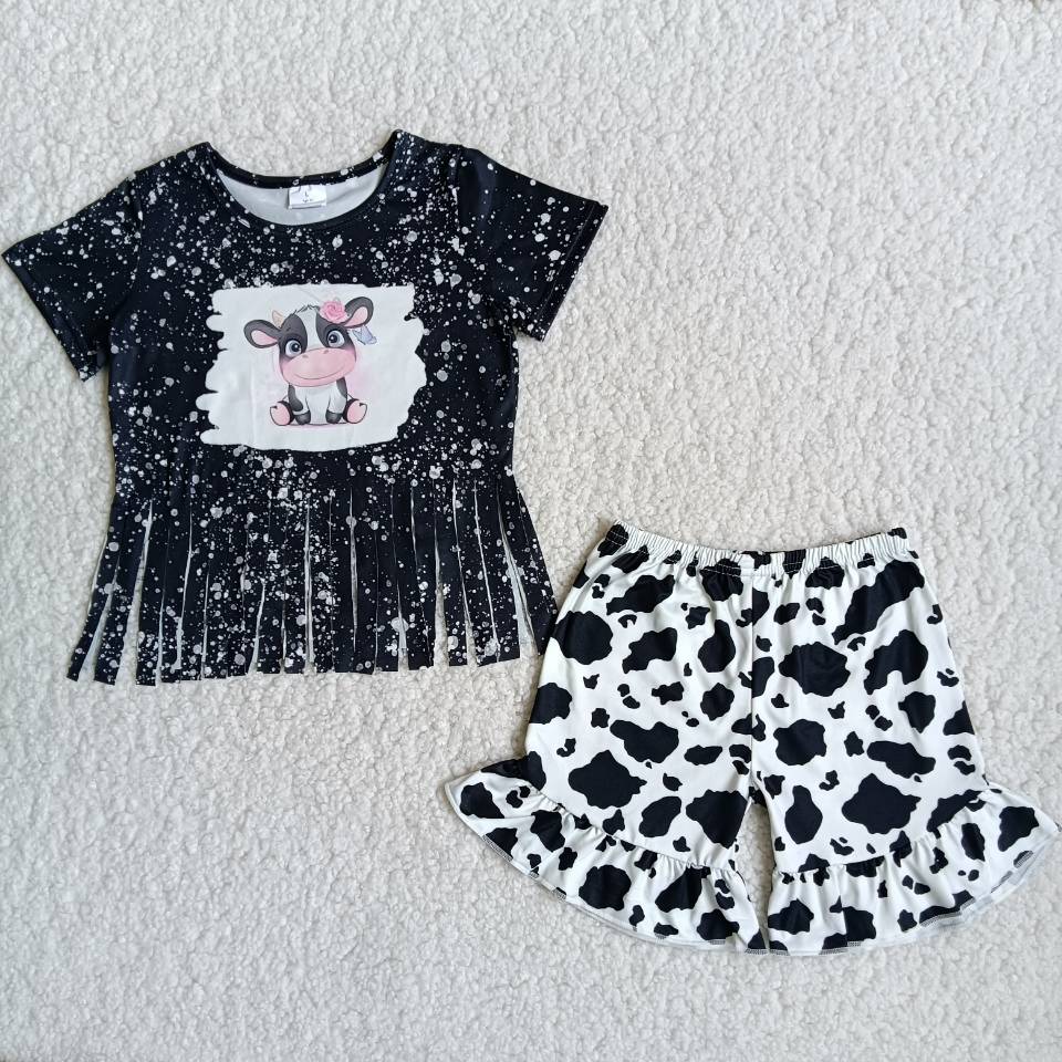 Girls Cow Outfits Tassels Short Sleeves Black Shorts