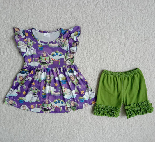 Girls Cartoon Outfits Short Sleeves Green Shorts