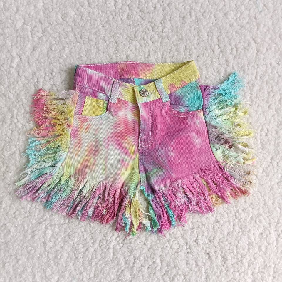 Girls Summer Tie-dye Tassels Denim Shorts