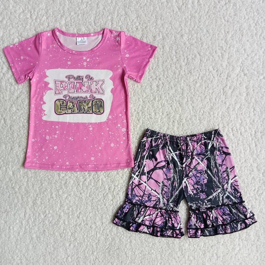 Girls Pink Camo Outfits Short Sleeves Shorts