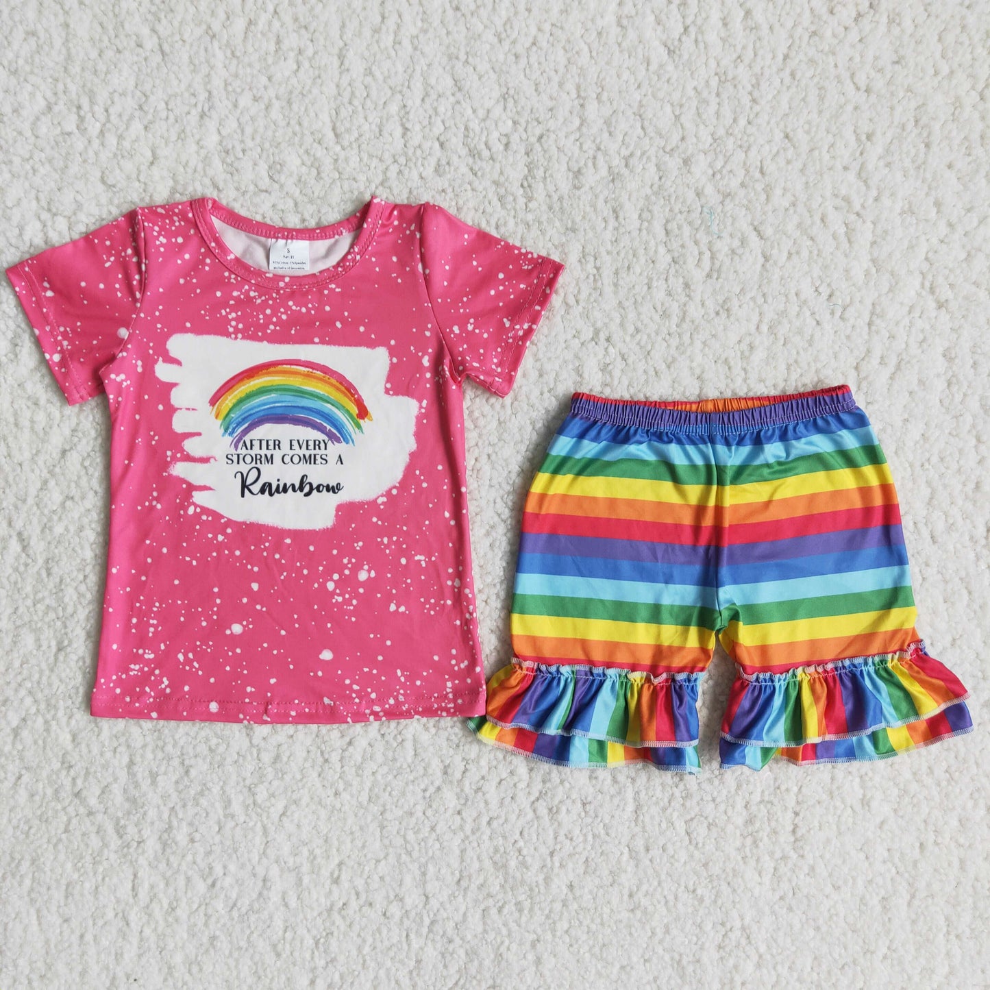 Girls Rainbow Outfits Short Sleeves Stripe Shorts