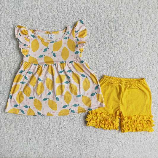 Girls Lemon Outfits Short Sleeves Yellow Shorts