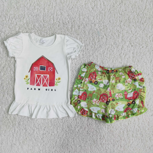 Girls Farm Outfits Short Sleeves Green Shorts