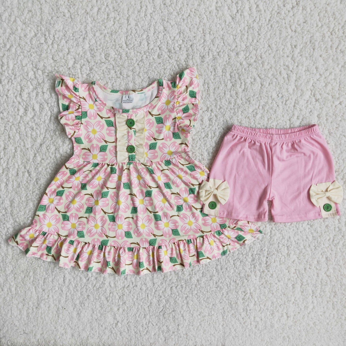 Girls Floral Outfits Short Sleeves Pink Shorts