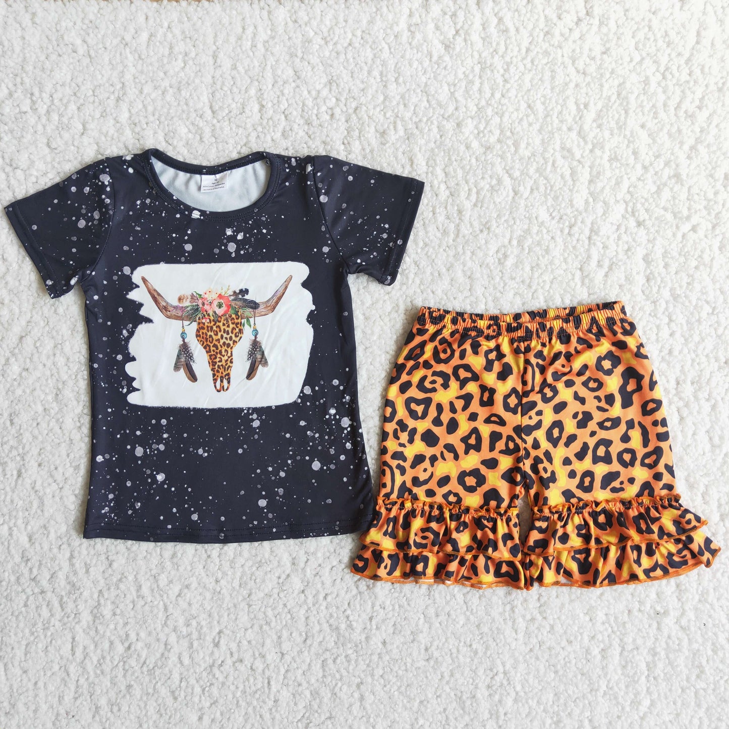 Girls Cow Outfits Short Sleeves Leopard Shorts