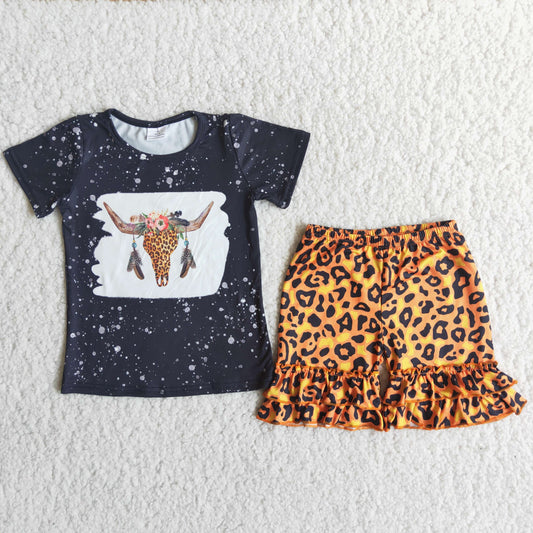 Girls Cow Outfits Short Sleeves Leopard Shorts