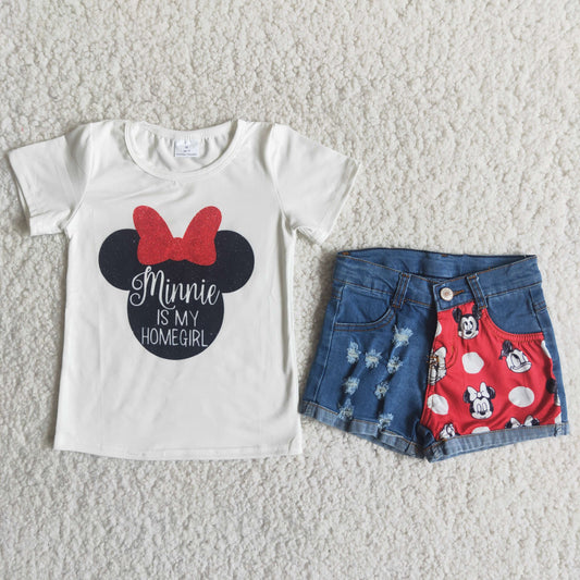 Girls Cartoon Outfits Short Sleeves Denim Shorts