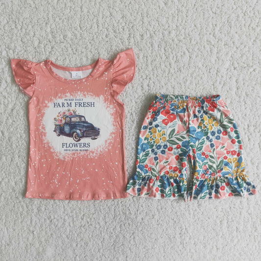 Girls Farm Fresh Flowers Outfits Short Sleeves Floral Shorts