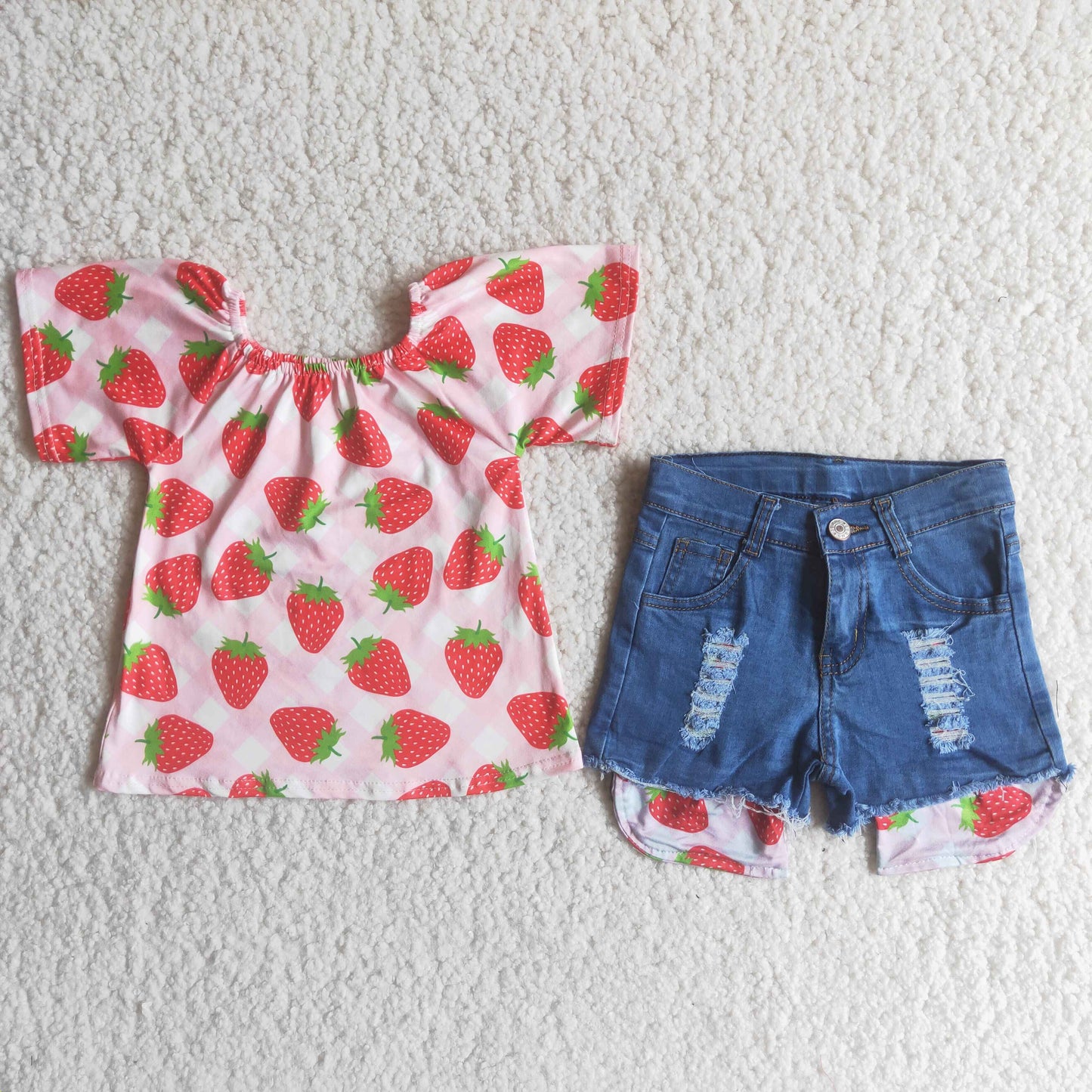 Girls Strawberry Outfits Short Sleeves Denim Shorts