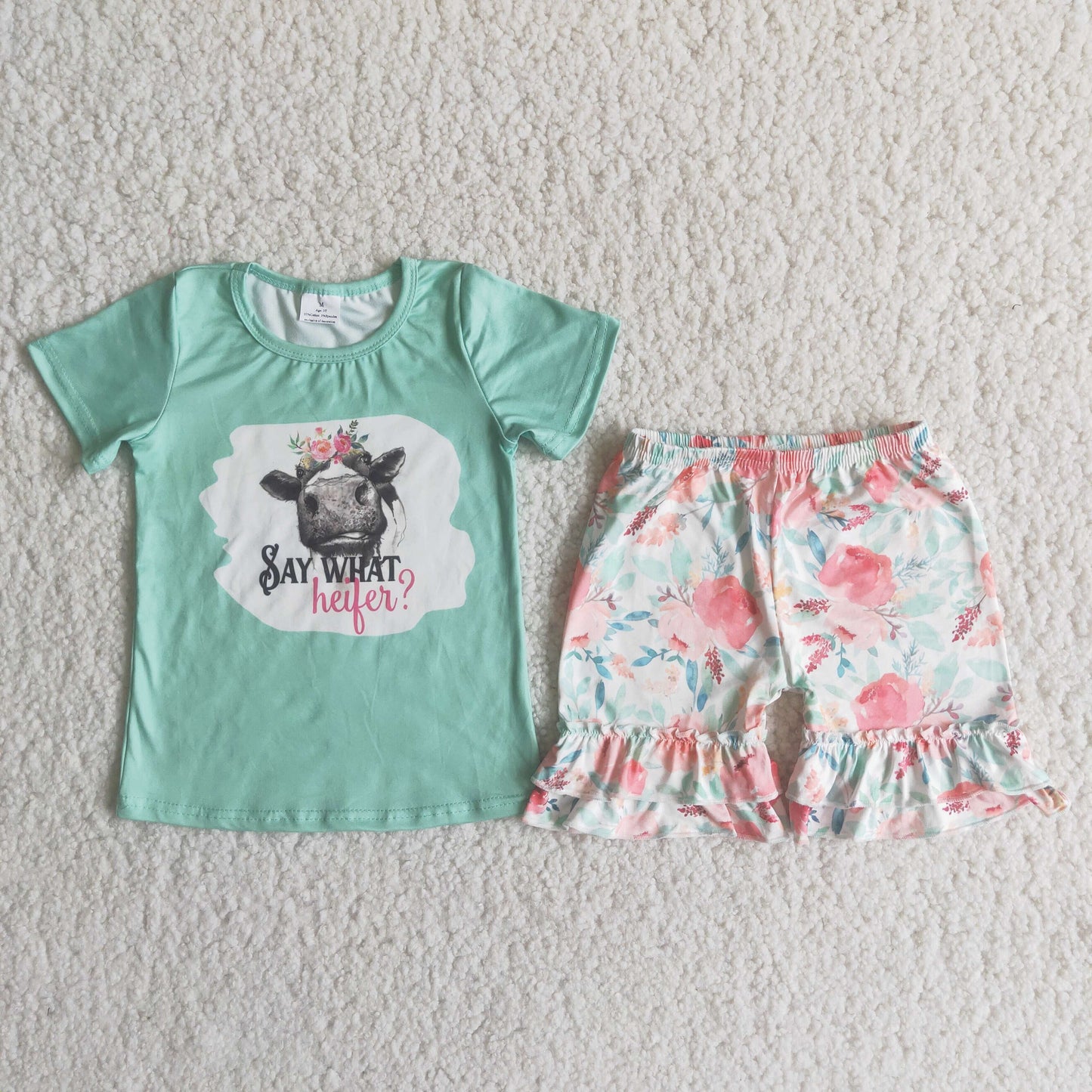 Girls Heifer Outfits Short Sleeves Floral Shorts