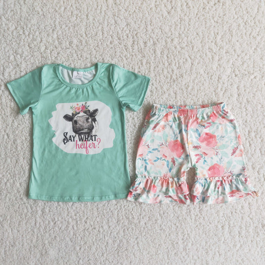 Girls Heifer Outfits Short Sleeves Floral Shorts