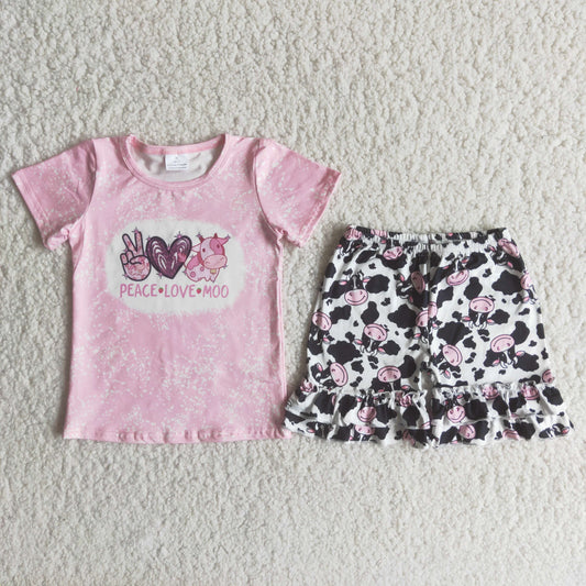 Girls Peace Love Moo Outfits Short Sleeves Cow Shorts