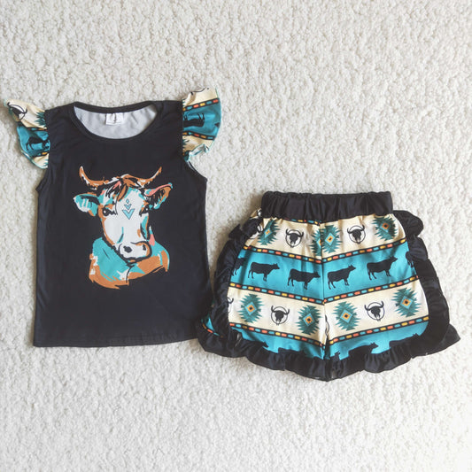 Girls Cow Outfits Short Sleeves Black Shorts