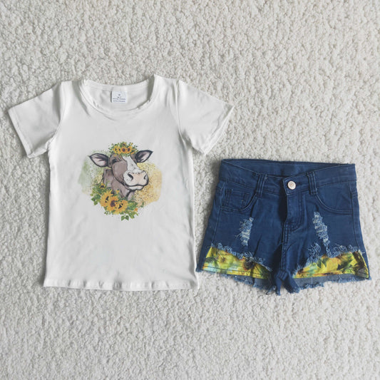 Girls Cow Outfits Short Sleeves Denim Shorts